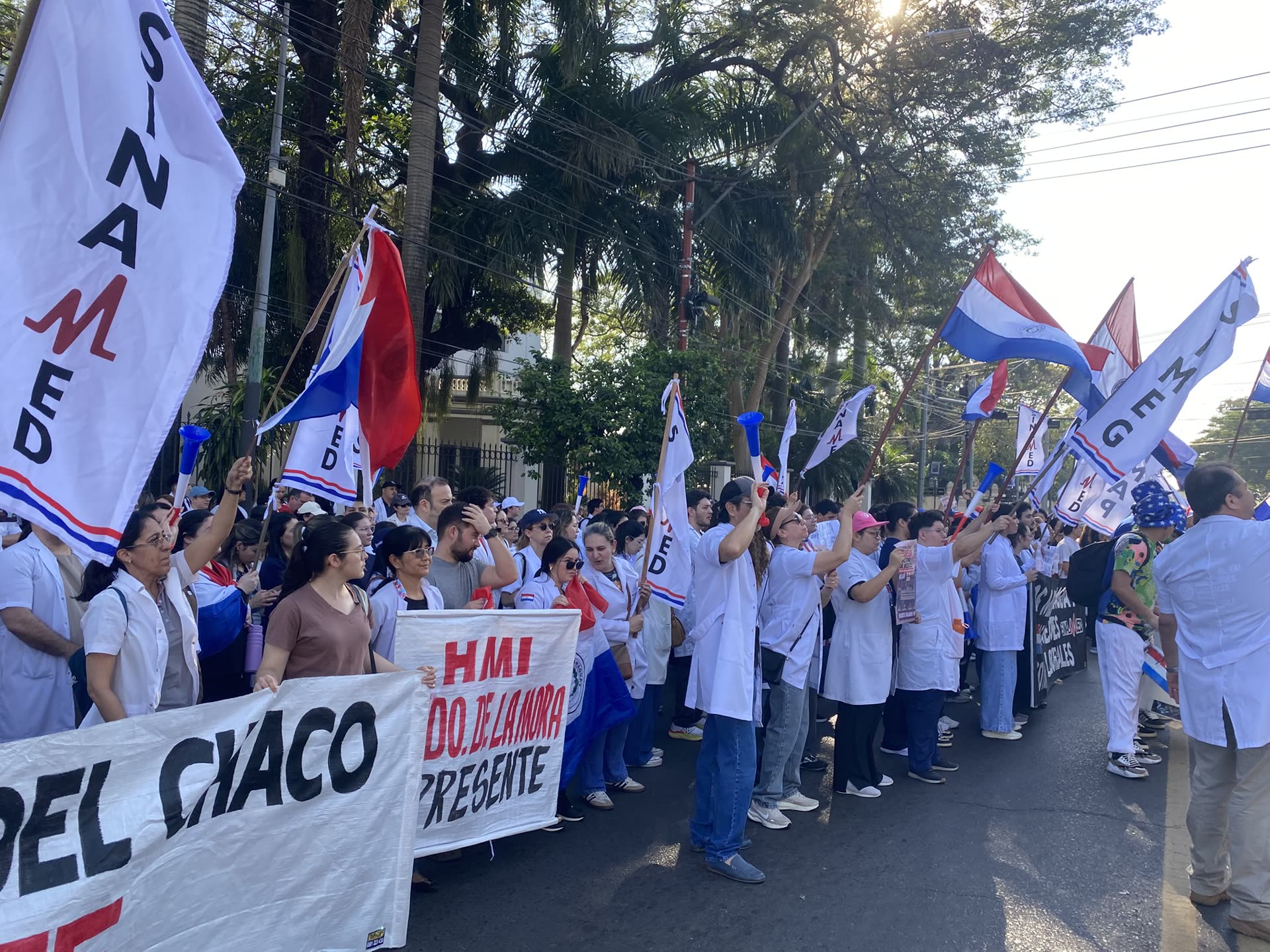 Médicos afiliados a SINAMED marchando con banderas del sindicato y de Paraguay durante una jornada de huelga nacional